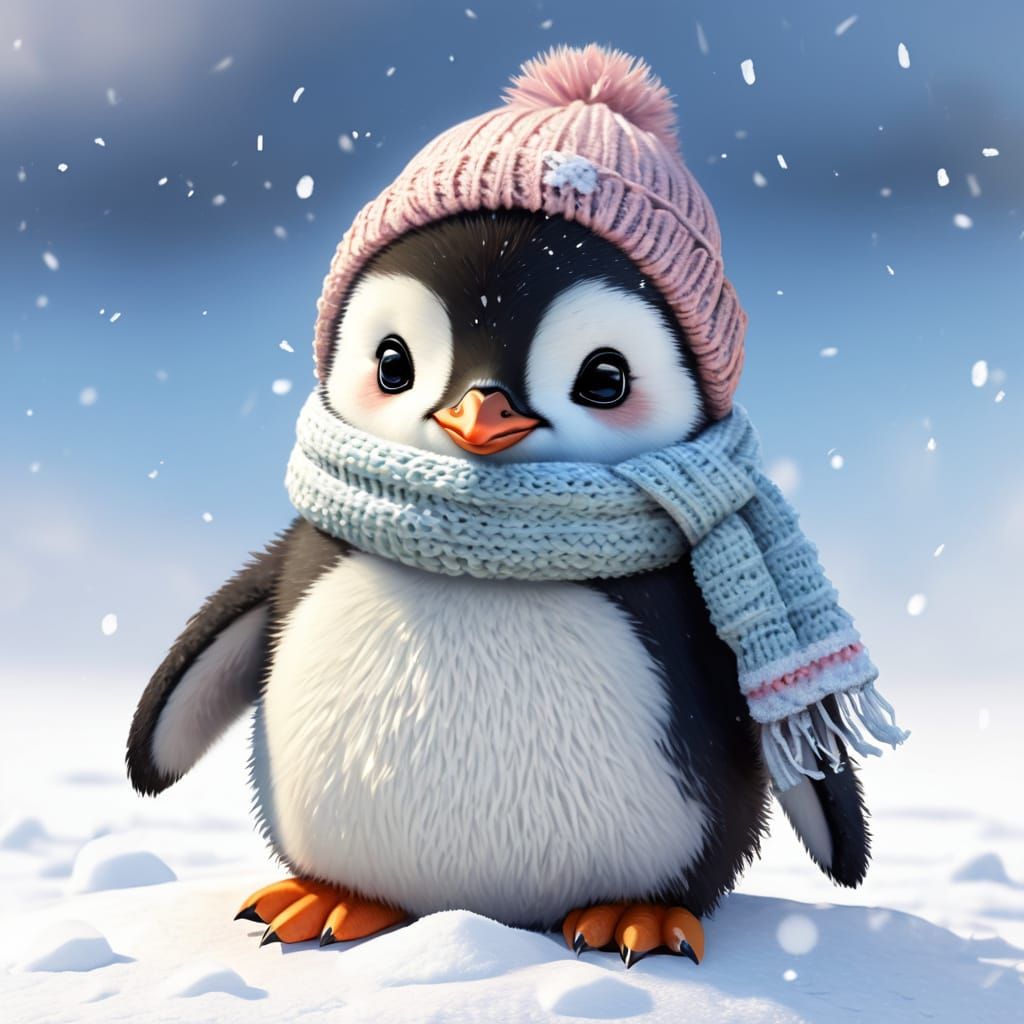 Adorable Chibi Penguin in Hat and Scarf Sitting in Snow