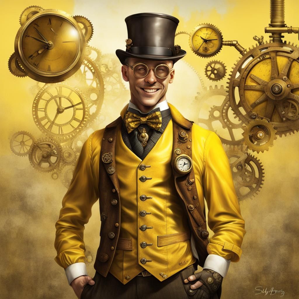 Hyperrealistic Steampunk Men Bask in Yellow Sunlight