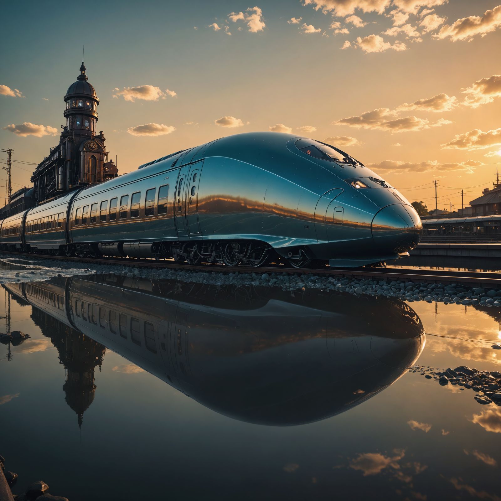 Hyperrealistic Steam-Powered Bullet Train in Eldritch Art De...