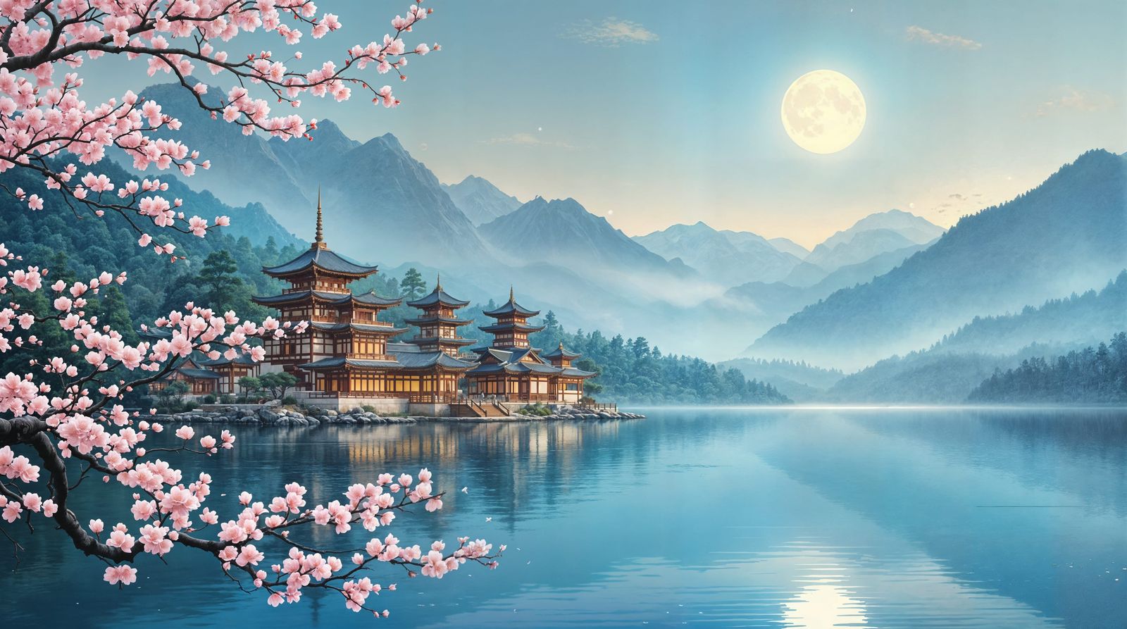 Serene Asian Temple Reflections Under Full Moonlight