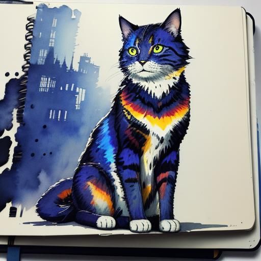 Anime Cat on Sketchbook with Watercolor Effect