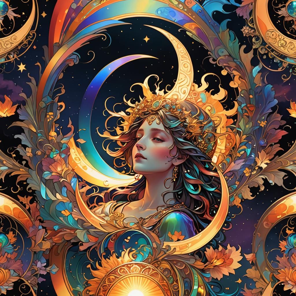Iridescent Sun Crescent in Art Nouveau Style