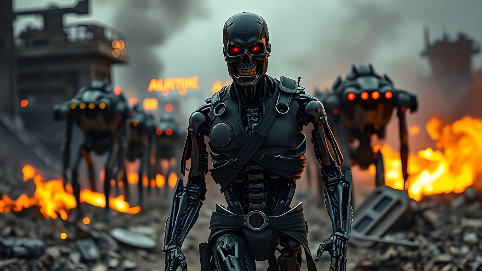 Cyberpunk Terminator Army Marches Through Post-Apocalyptic R...
