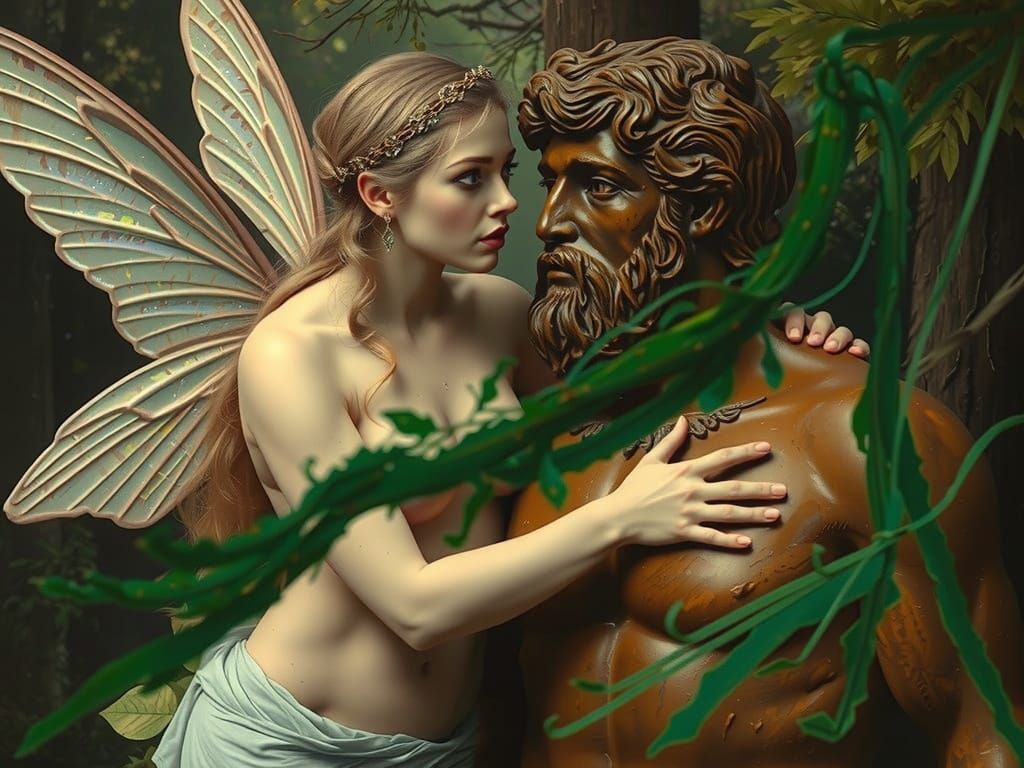 Fairy Woman and Adonis Statue in Romantic Forest Clearing