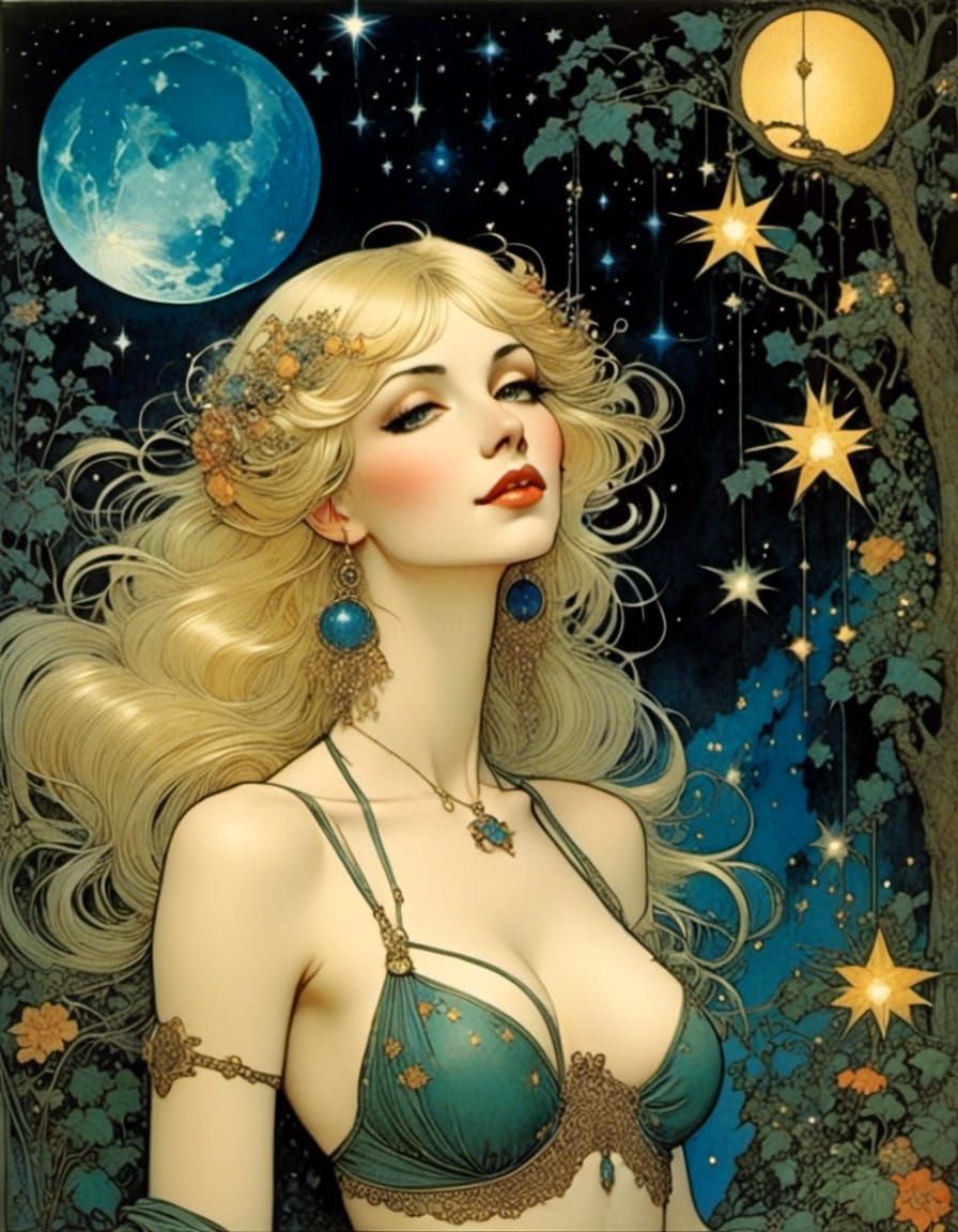 Stunning Woman in Jewel-Toned Cosmic Comic Art
