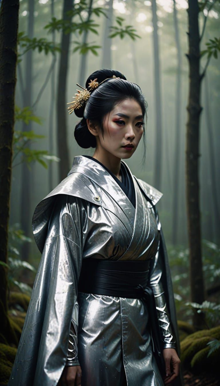 Ethereal Samurai Geisha in Silver Latex Regalia