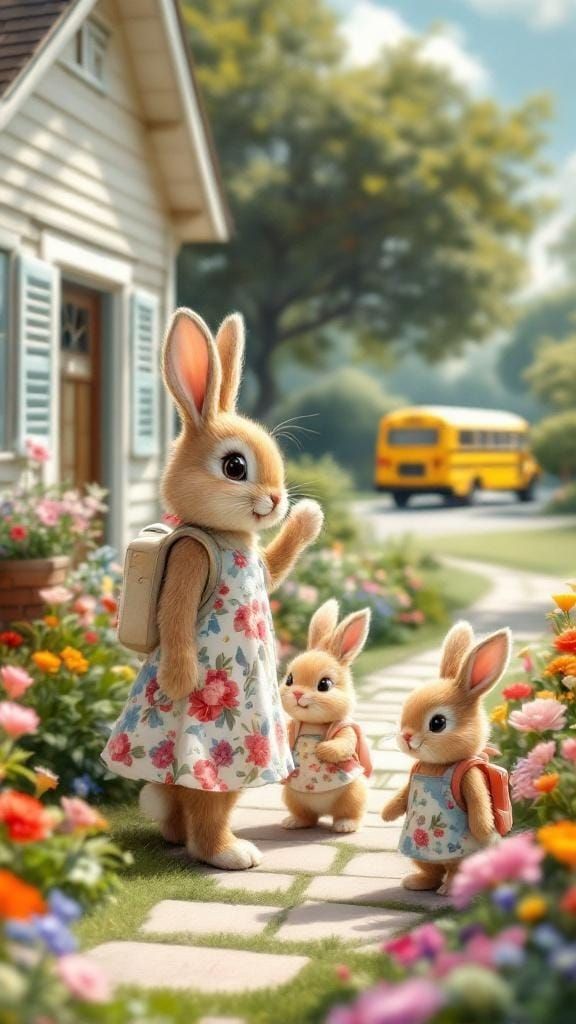 Whimsical Bunny Family Scene in Felted Fur Style