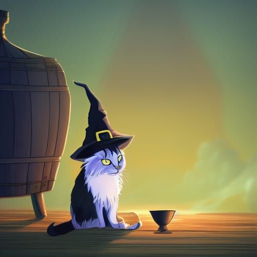 Charming Witch Cat in Anime Style