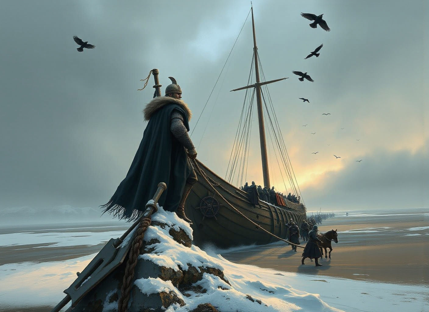 Viking Longship on Windswept Beach in Gouache Style