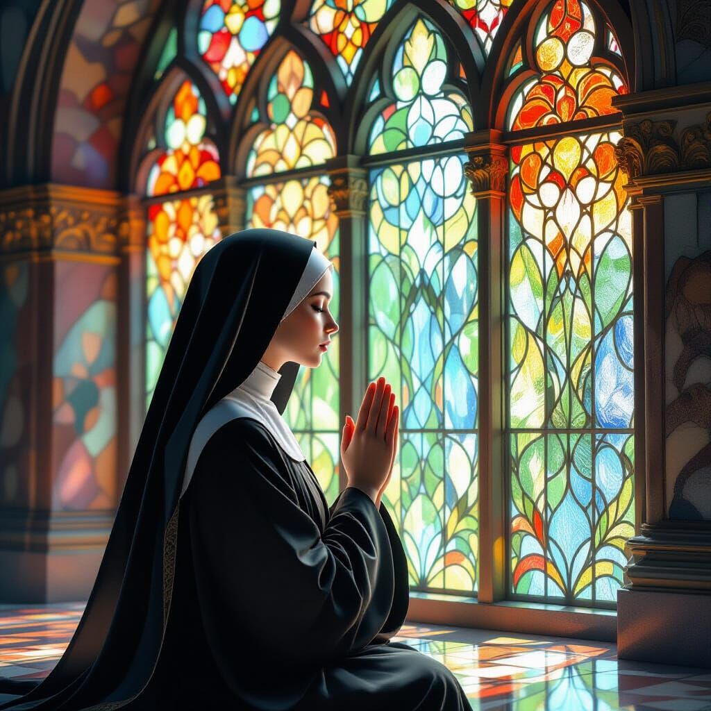 Nun Praying Before Stained Glass Window in Watercolor Style