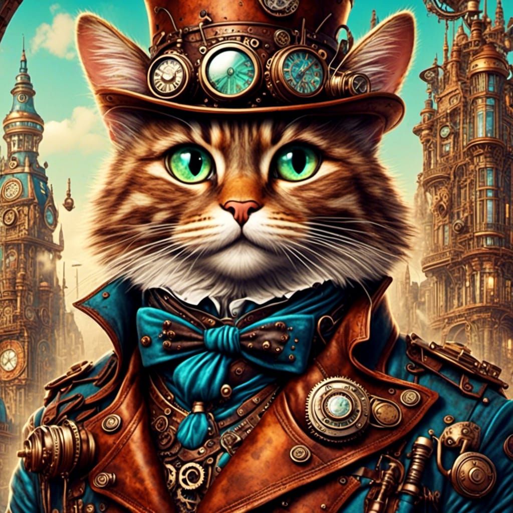 Steampunk Tabby Cat in Vibrant Watercolor Cityscape