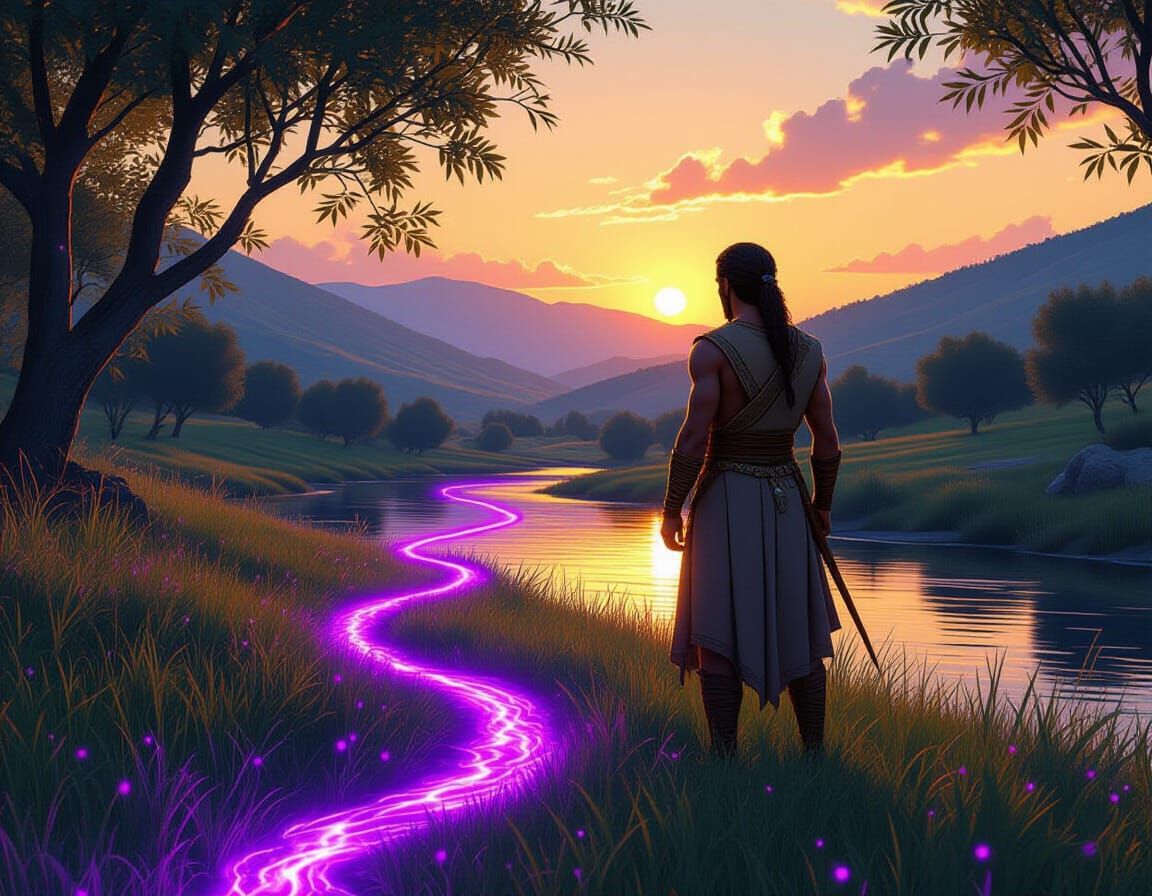 Greek Hunter in Dawn Forest with Luminous Trail