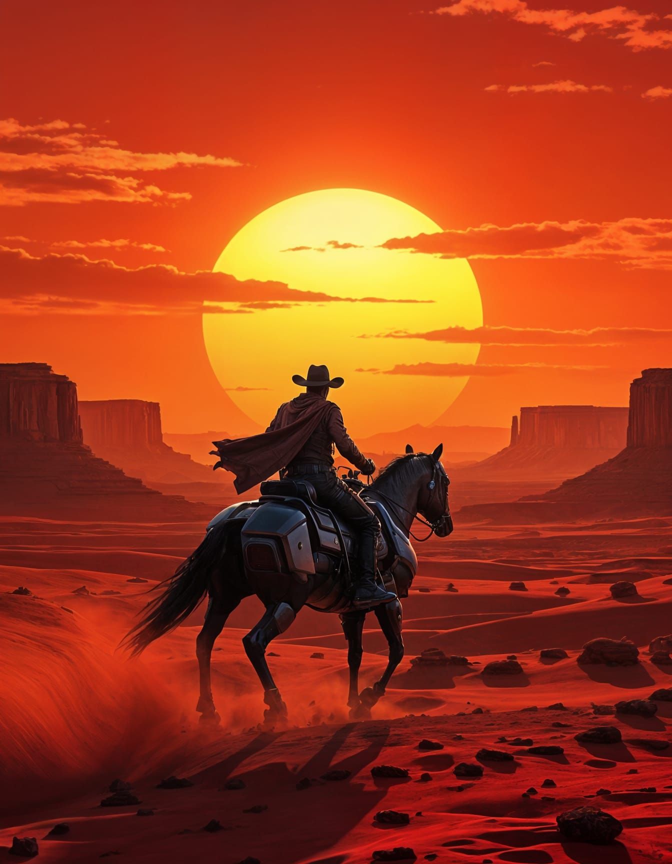 Futuristic Cowboy Explores Alien Canyon at Double Sunset