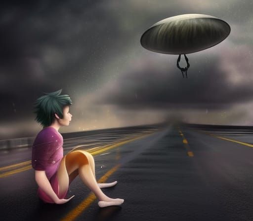 Youth and UFO: Detailed Matte Painting in Stormy Night