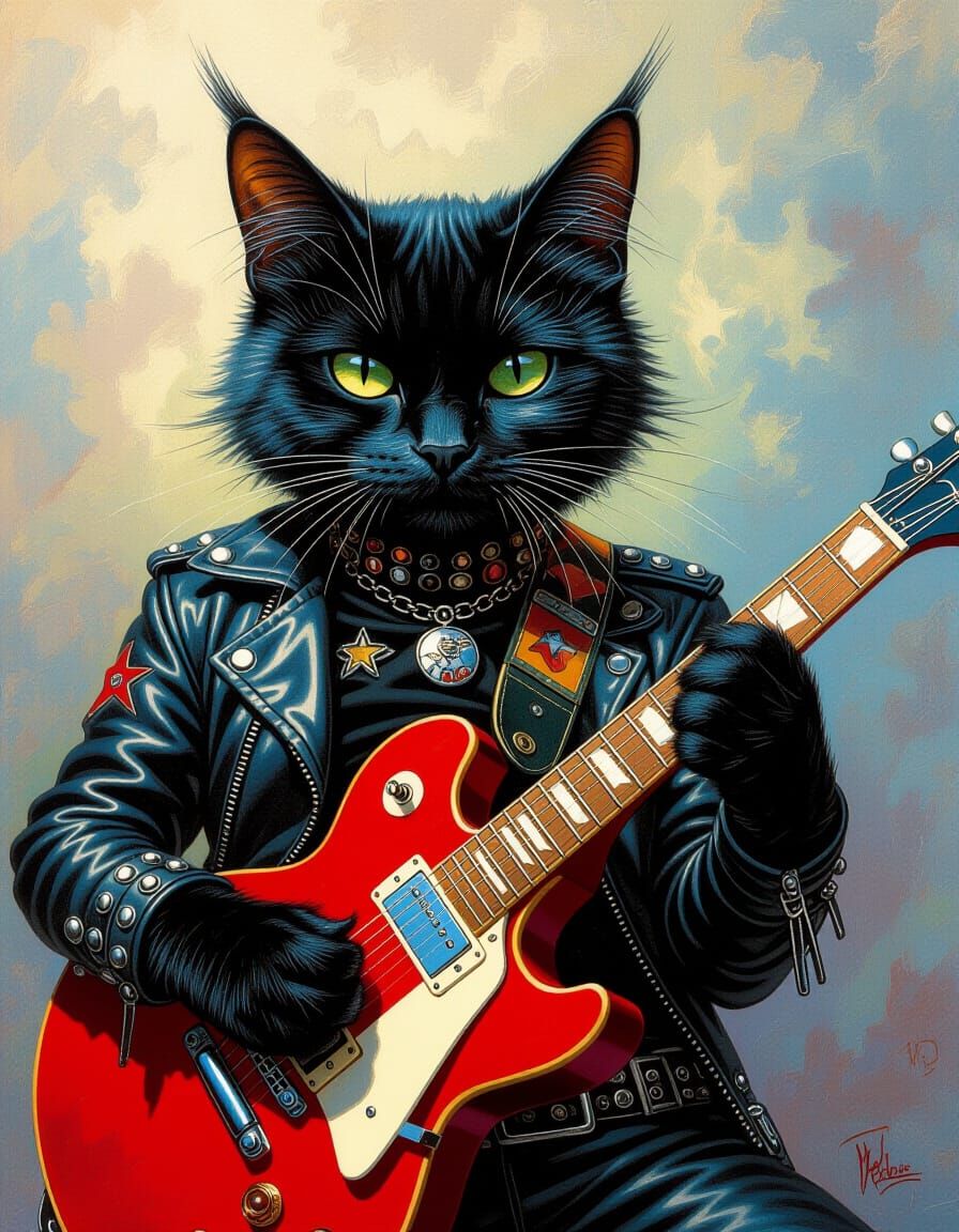 Punk Rock Cat Portrait in Dreamlike Style