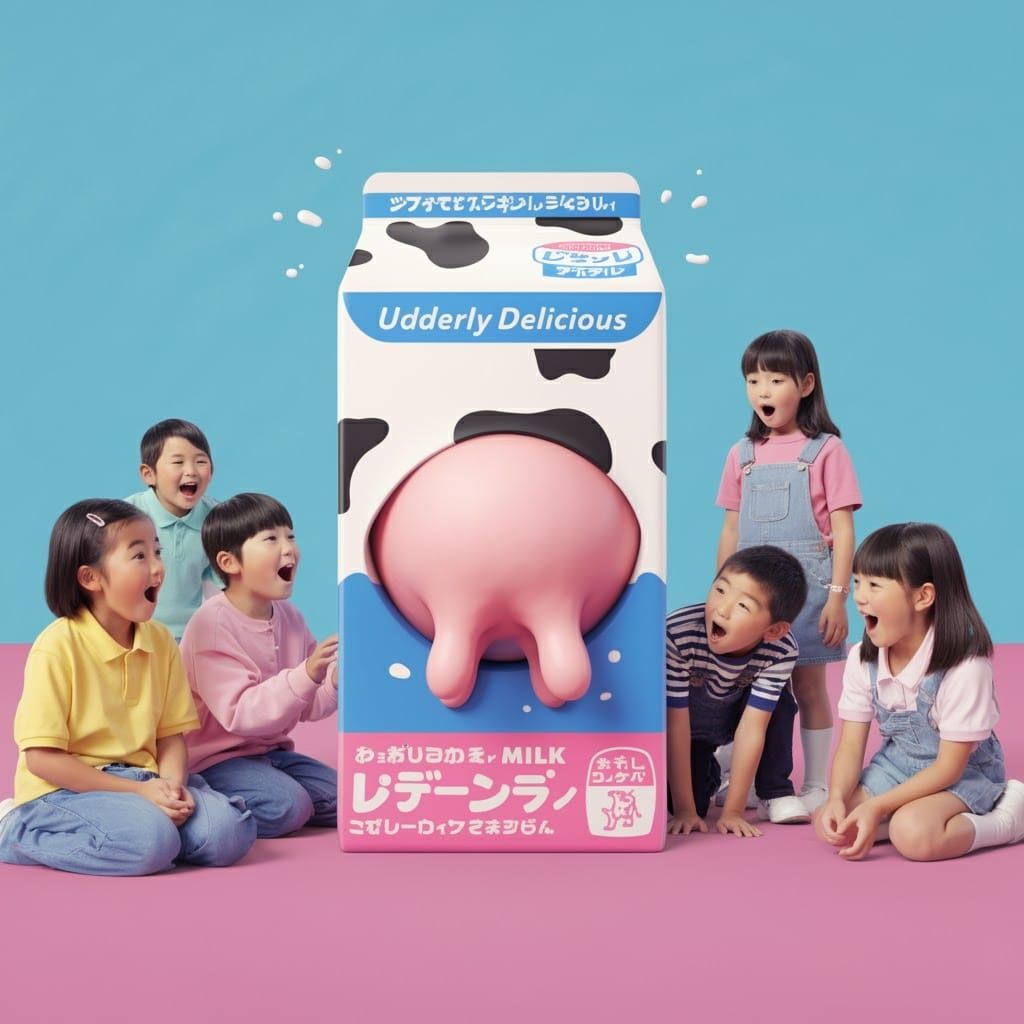 Colorful Japanese Ad: Futuristic Cow Udder Milk