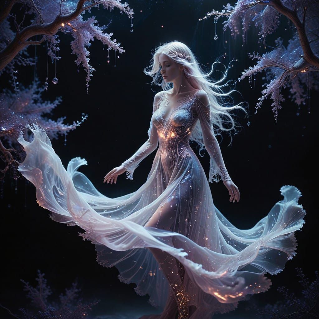 Surreal Lilac Ghost Dances in Neon Snowflake Ruffles