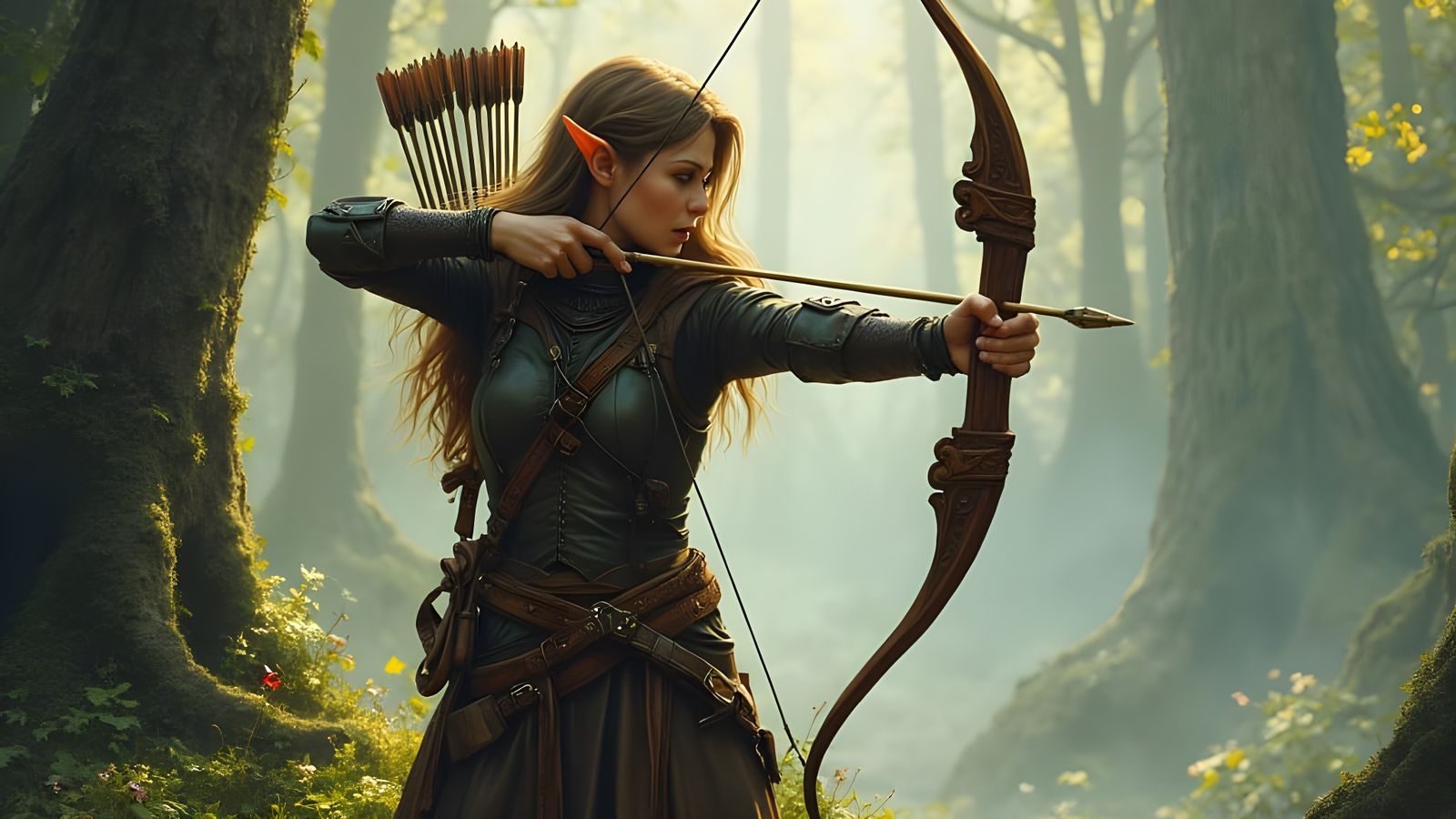 Elf Archer in Misty Forest, Fantasy Illustration