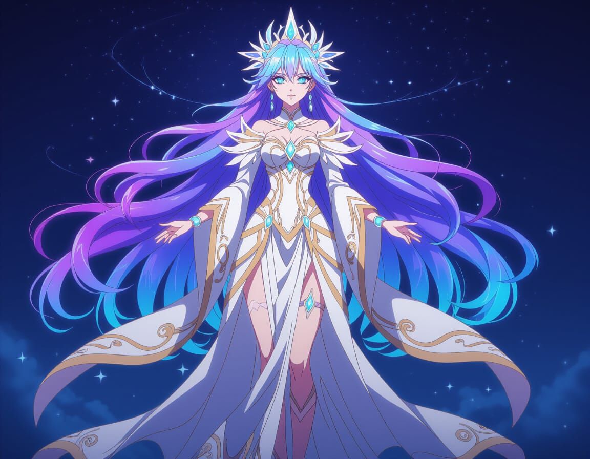 Celestial Woman with Iridescent Hair in Anime Style