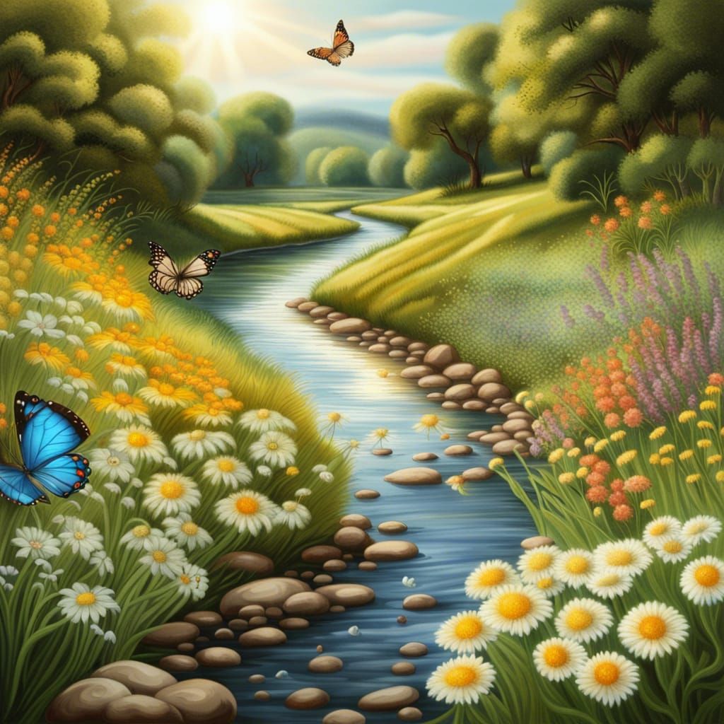 Idyllic River Landscape with Flowers and Butterflies
