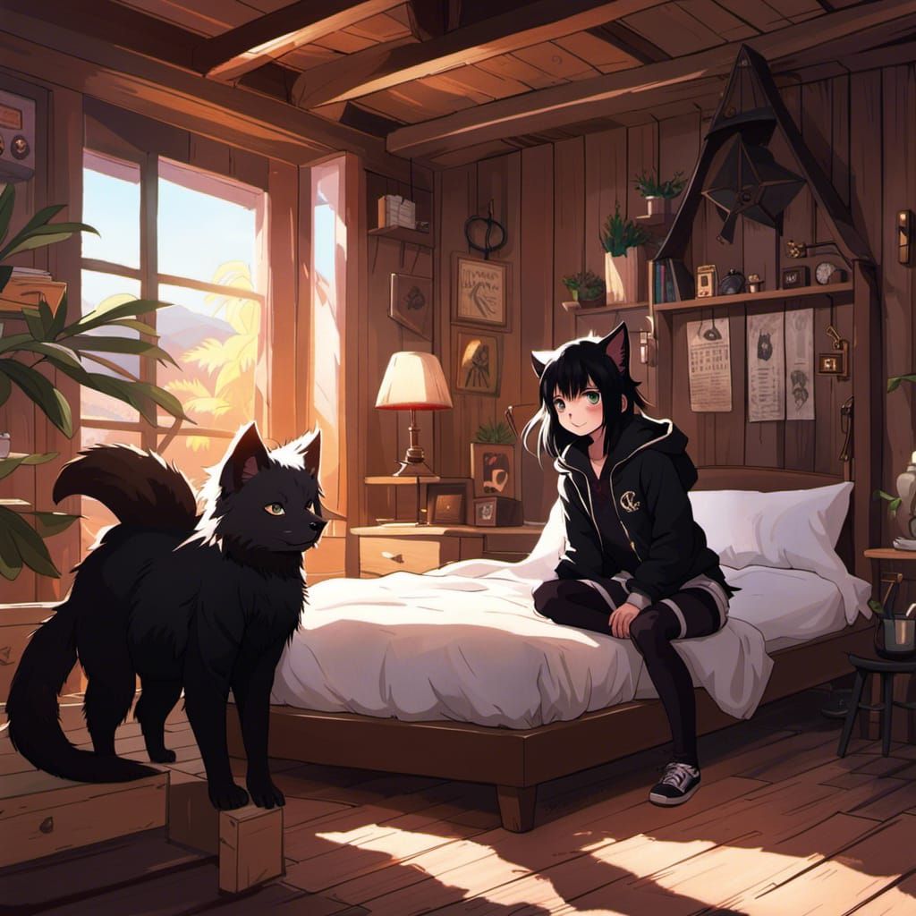 Girl with Lykoi Cat in Sunny Room