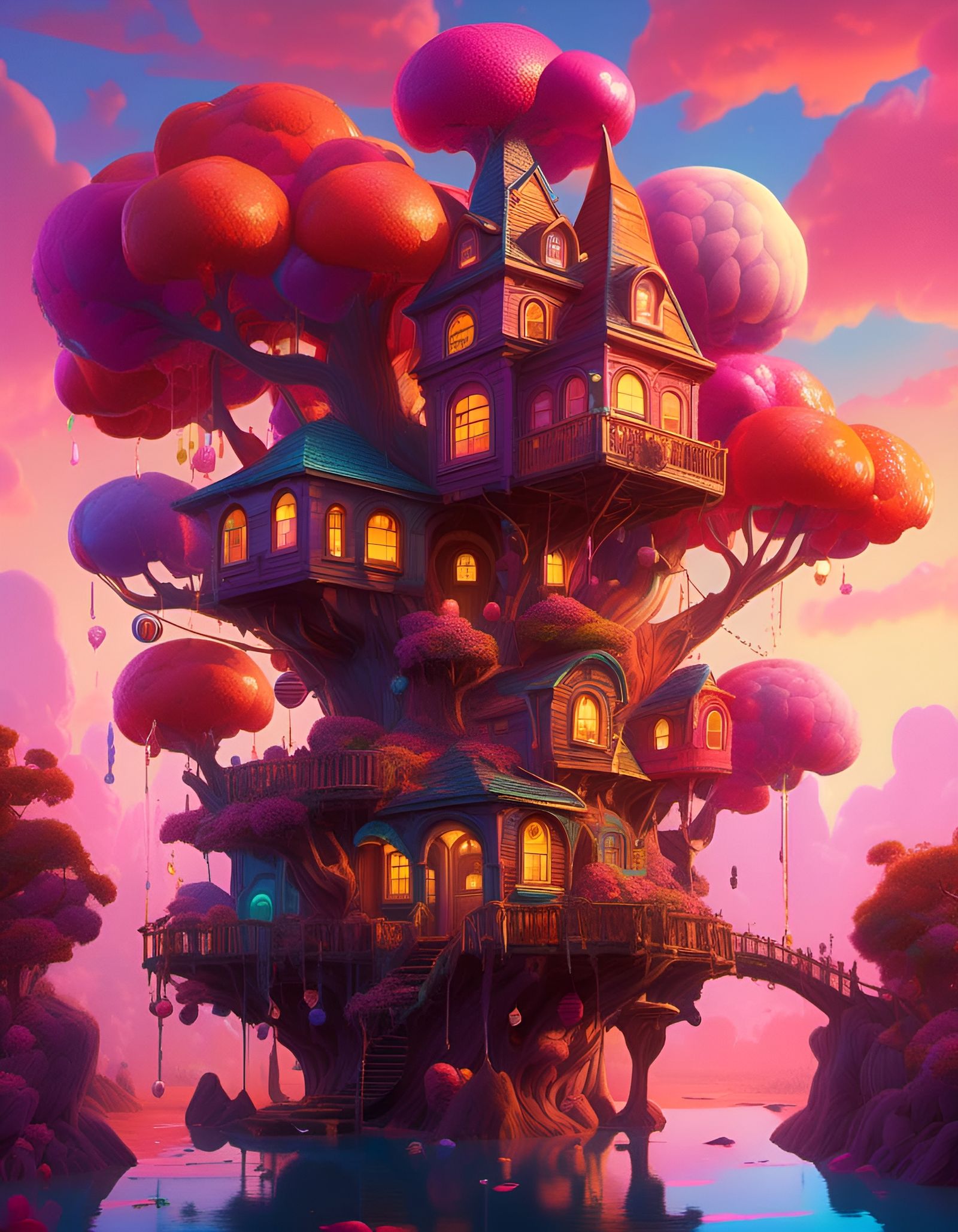 Detailed Fantasy Treehouse in Candyland Art Style