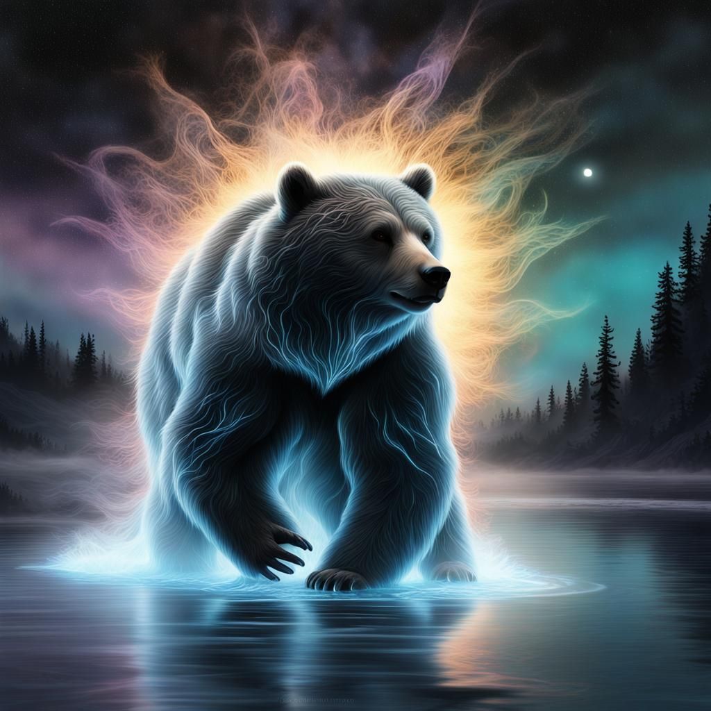 Glowing Wispy Bear Dancing Under Bioluminescent Moon