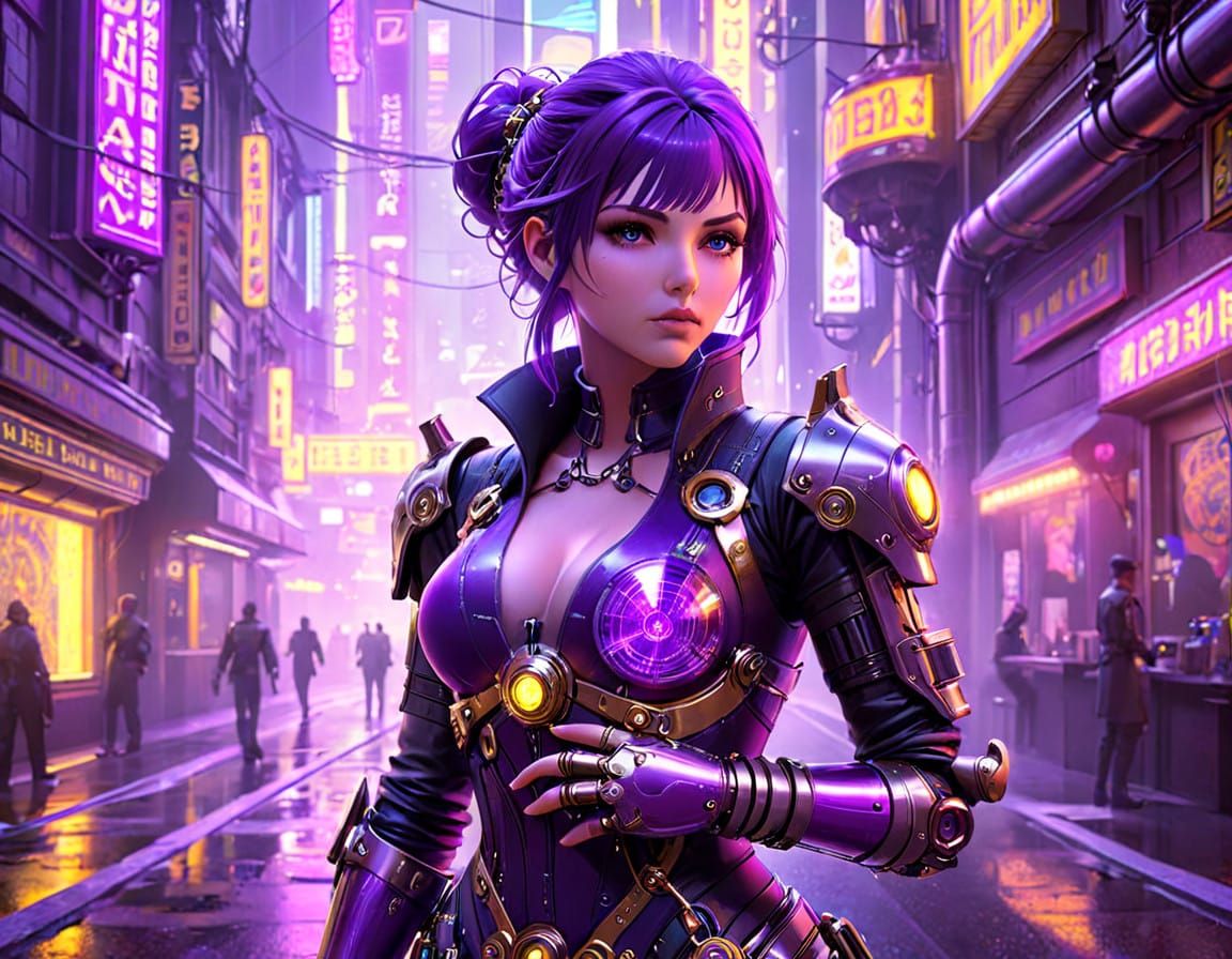 Cyberpunk Visionary with Glass Arm in Dystopian Metropolis