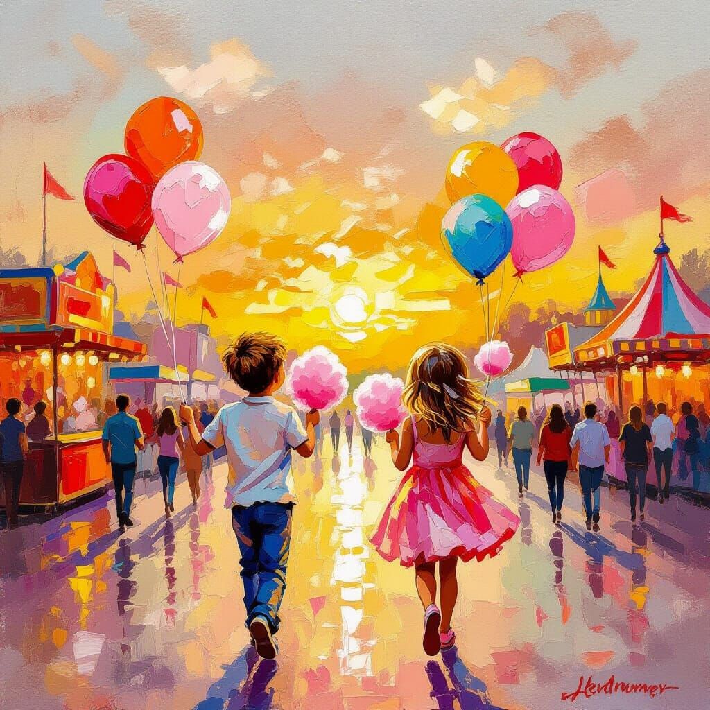 Children Enjoying Fairgrounds in Textured Oil Painting Style