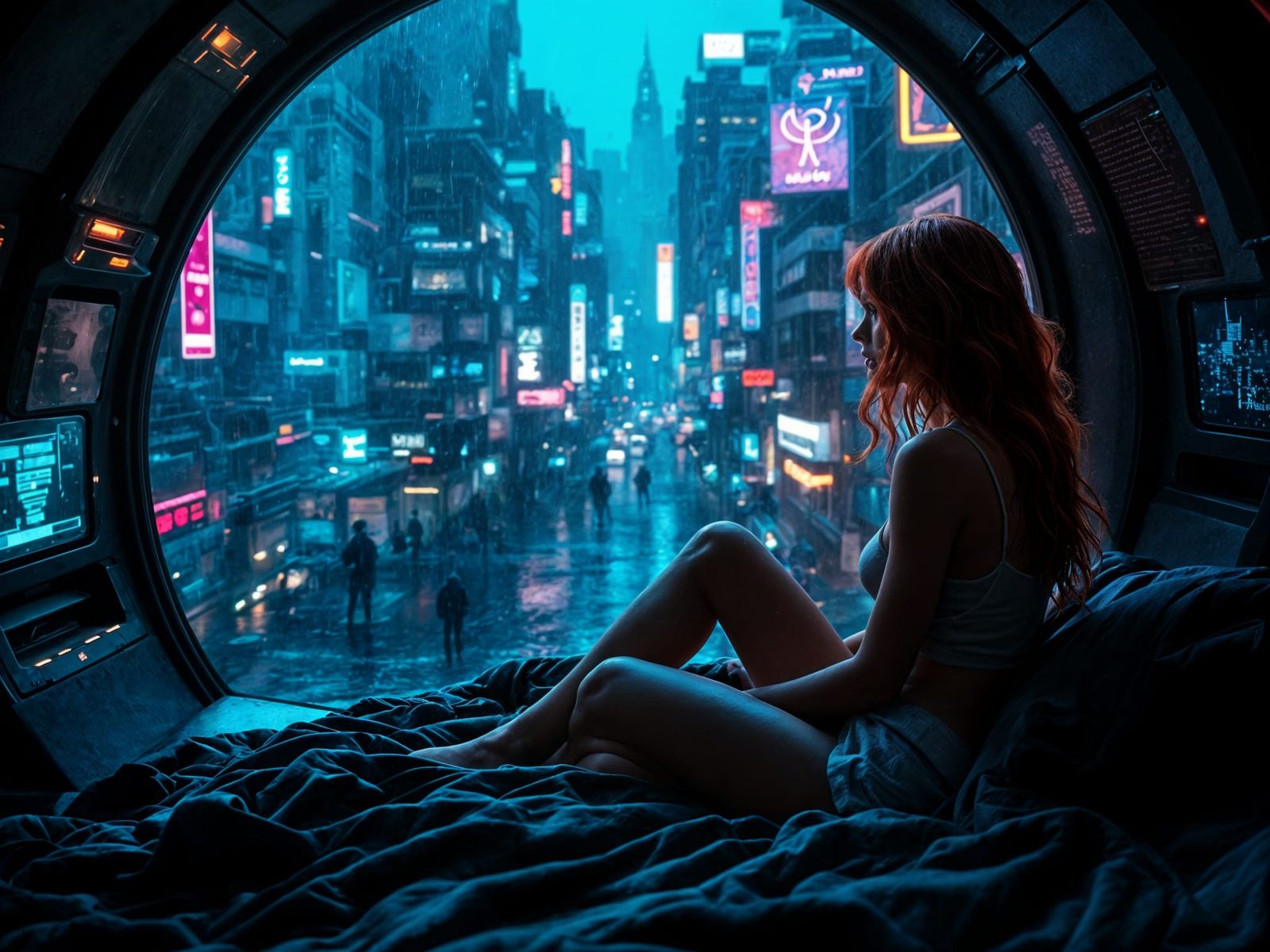 Cyberpunk Woman in Dystopian Rainy Cityscape