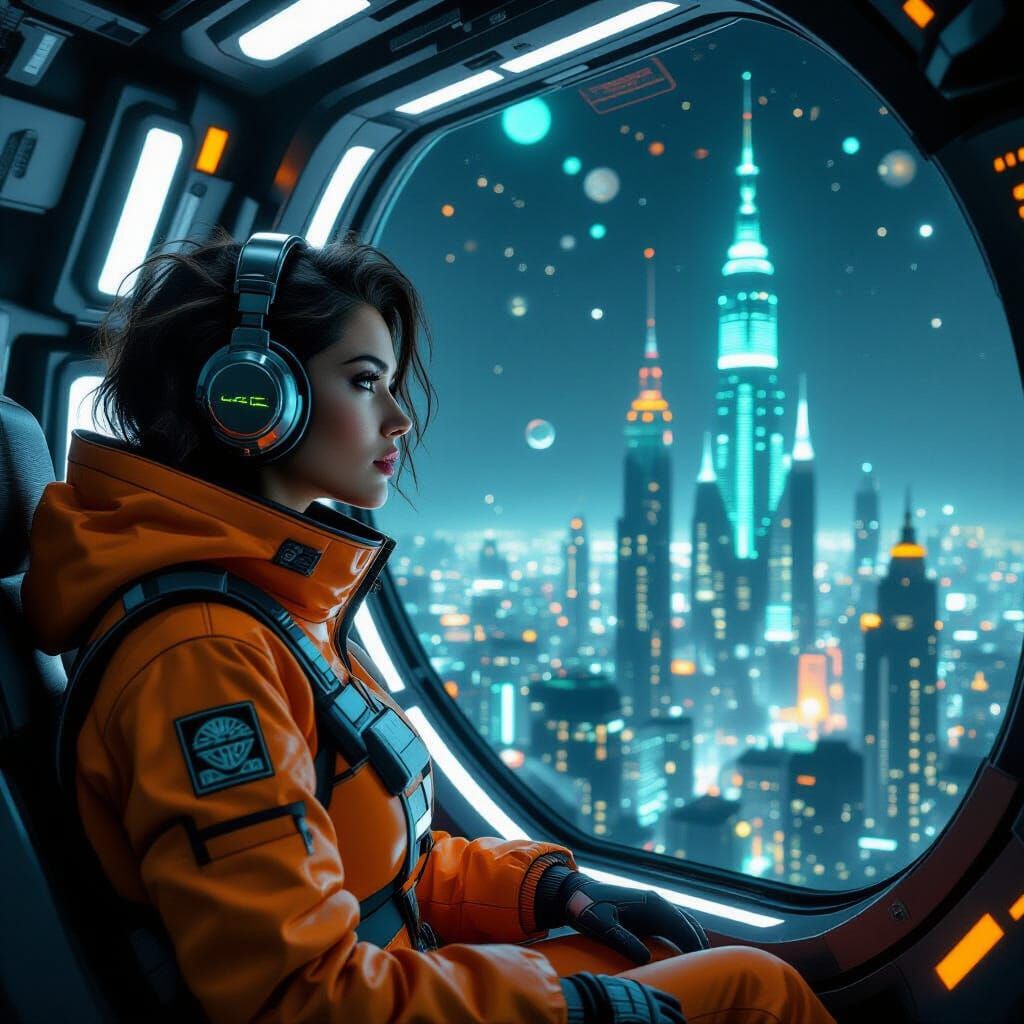 Cyberpunk Woman Gazing at Neon Cityscape