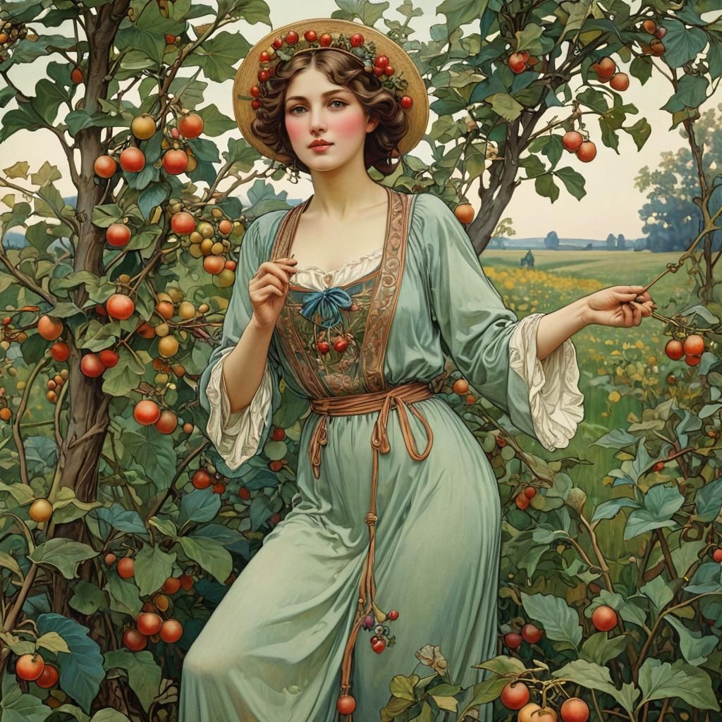in art nouveau style a beautiful woman picking fruit in the field.