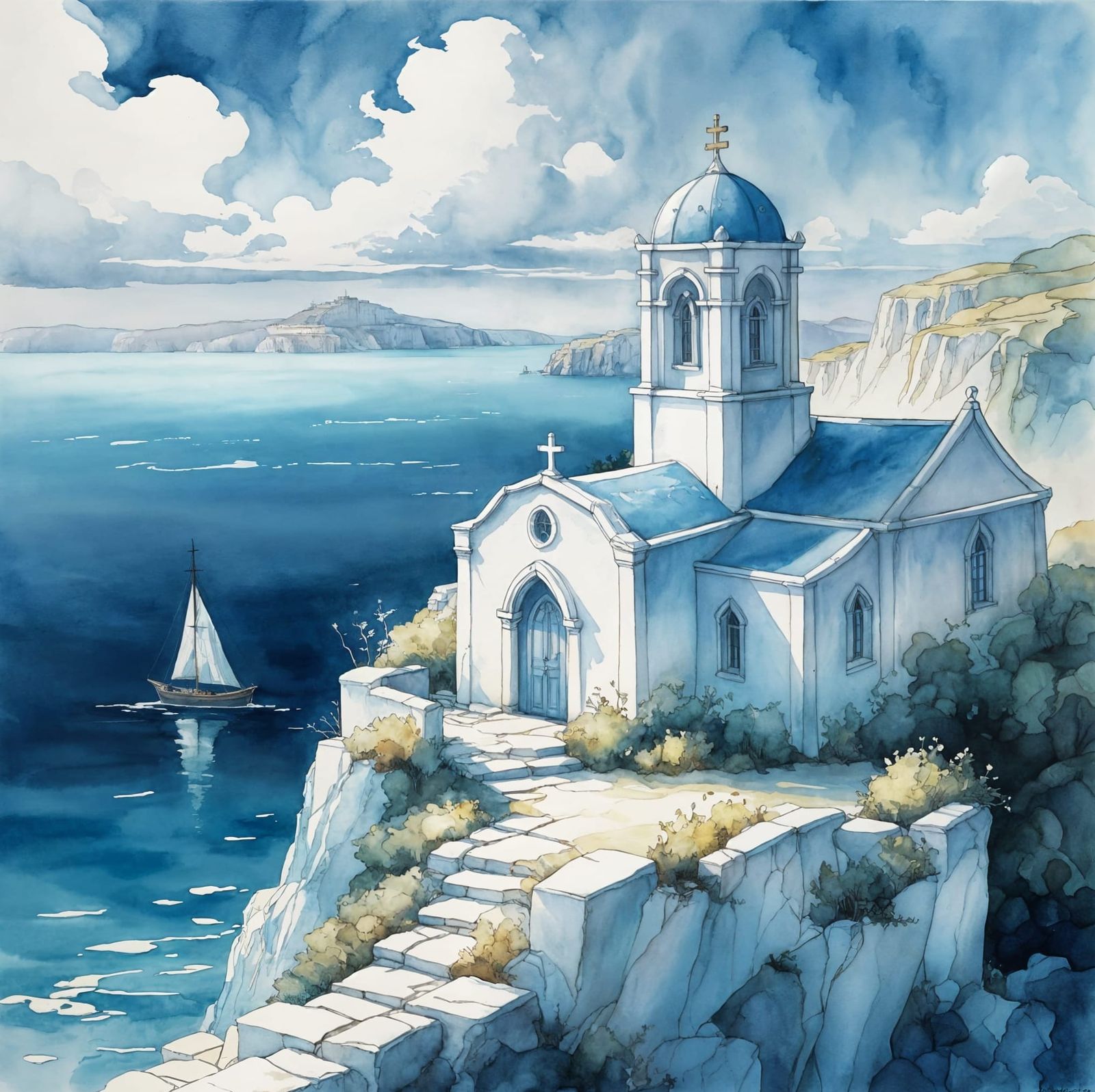 Cliffside Chapel in White and Blue: Rackham & Kinkade Style