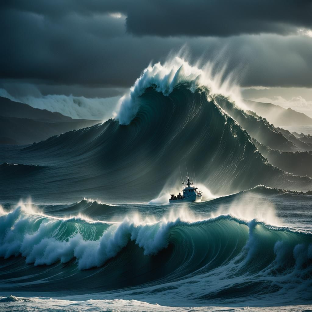 Fishing Boat on Giant Wave in Stormy Seas