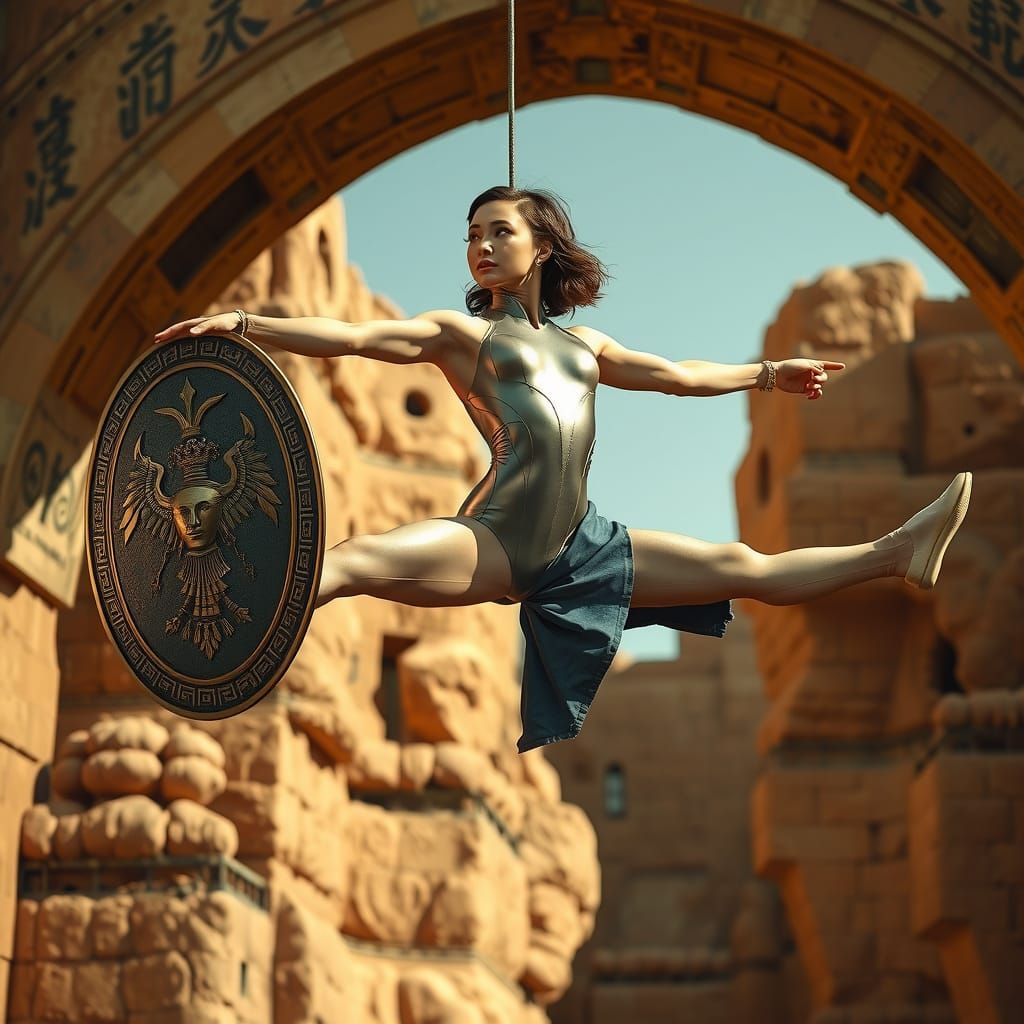 Gymnast in Futuristic Split Pose with Ancient Greek Shield