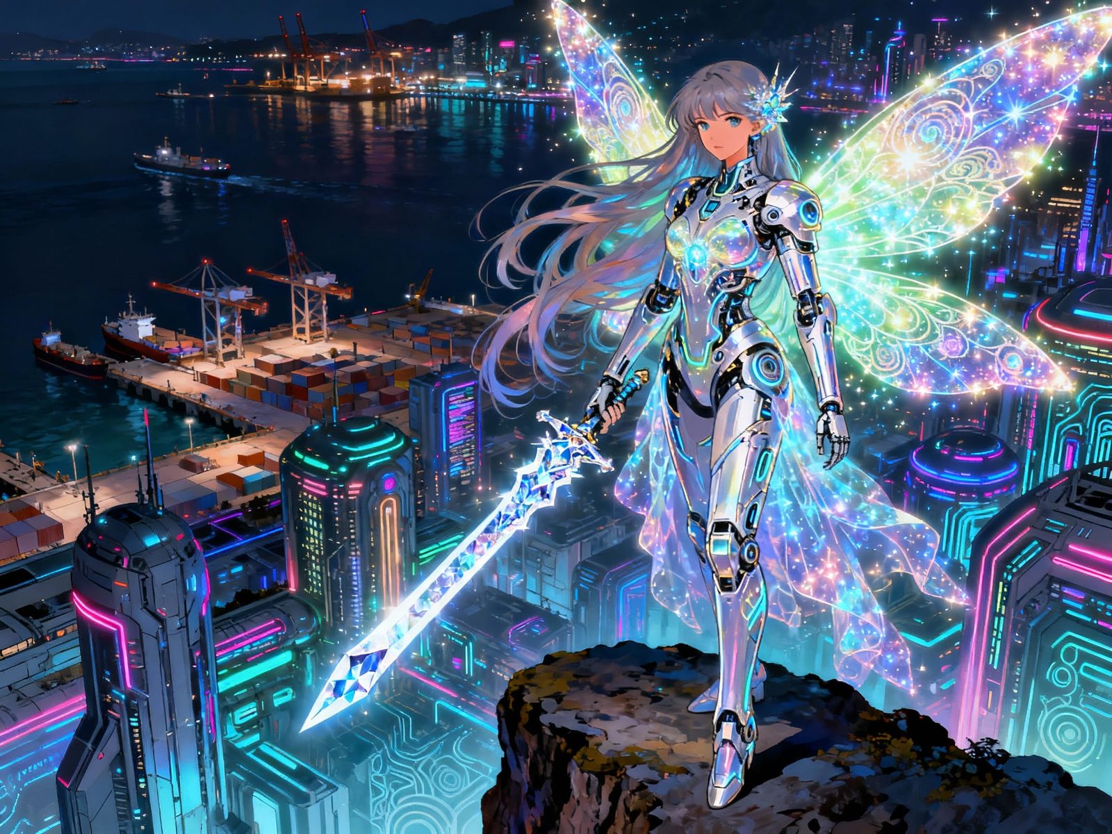 Mystical Cyborg Warrior in Glowing Futuristic Armor