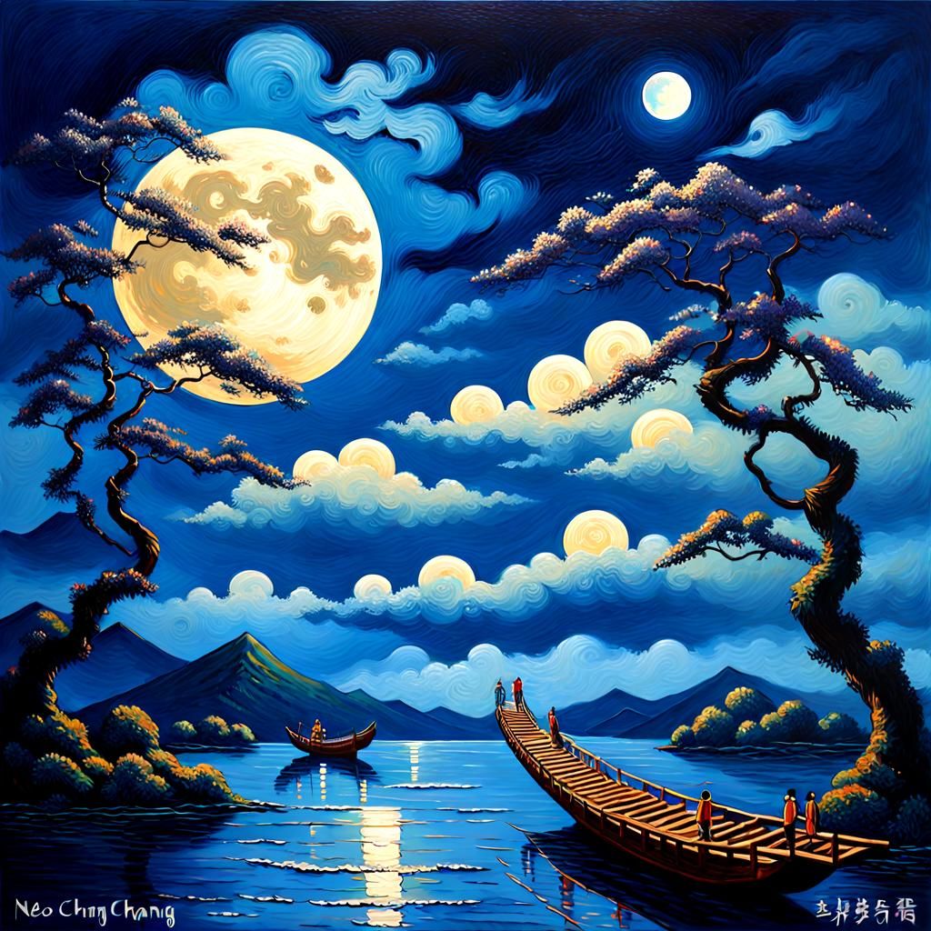 Chang'e Flying to the Moon: Neo-Impressionist Oil Painting