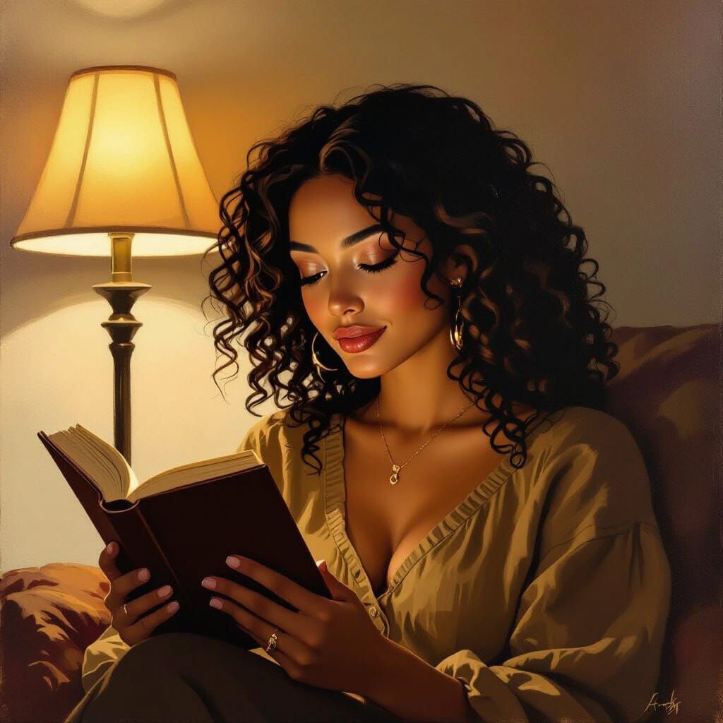 Melanated Woman Reading by Lamp Light, Oil Painting