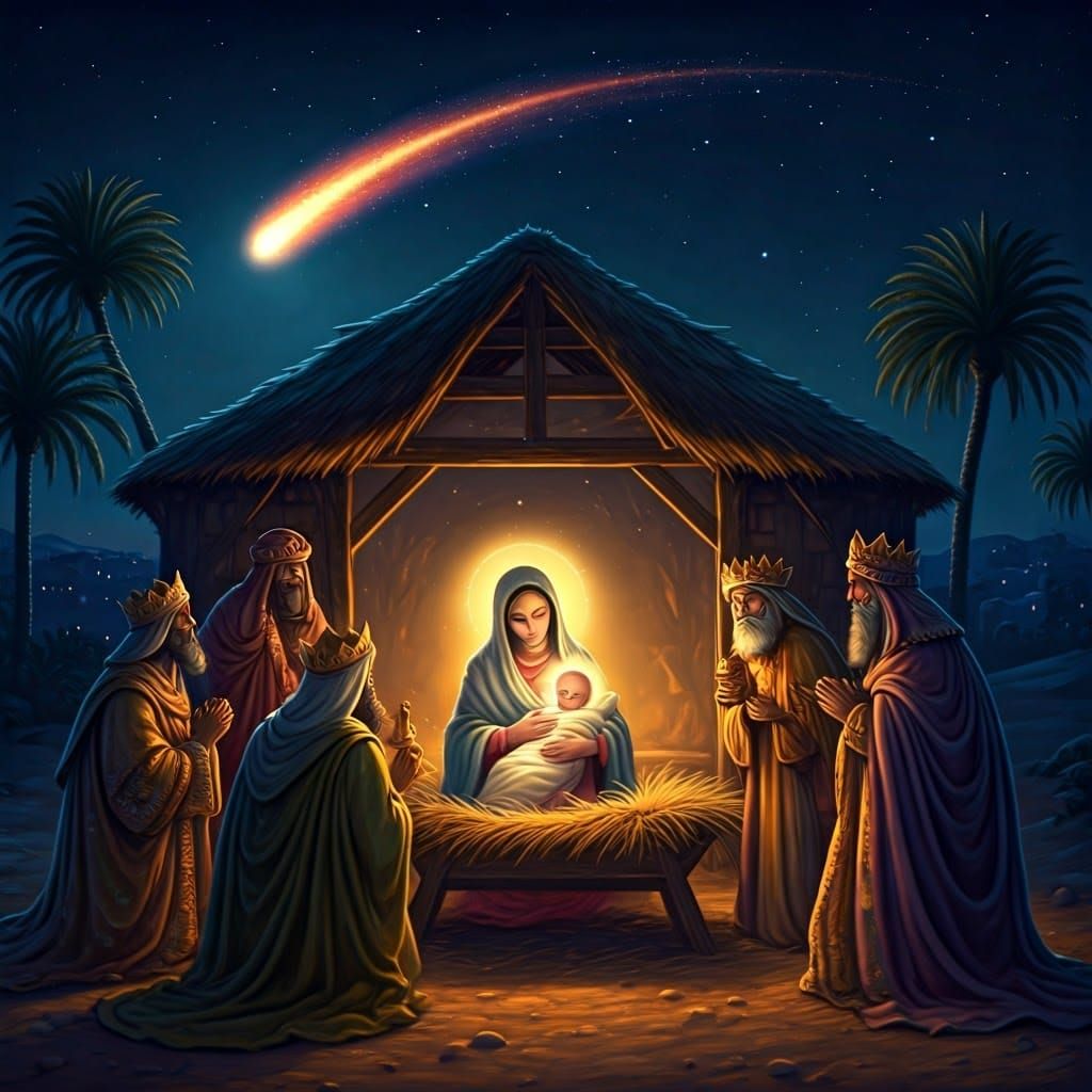 Nativity Scene with Comet Clef, Impressionistic Style
