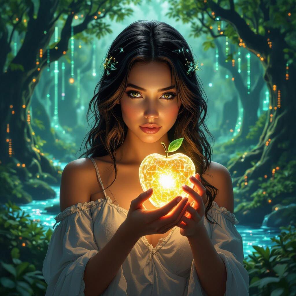 Modern Eve in Digital Eden with Data Crystal Apple