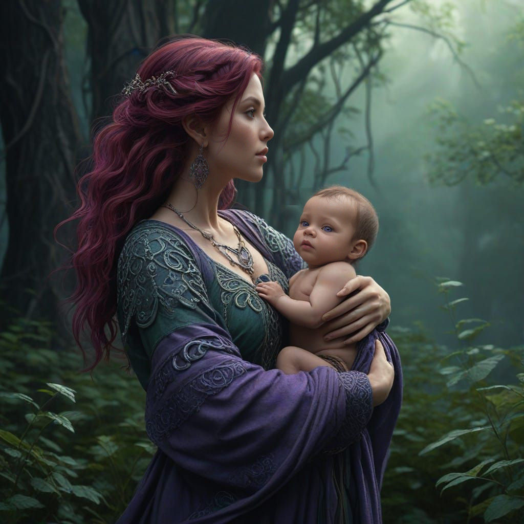 Celtic Goddess Mother and Baby in Violet Locks