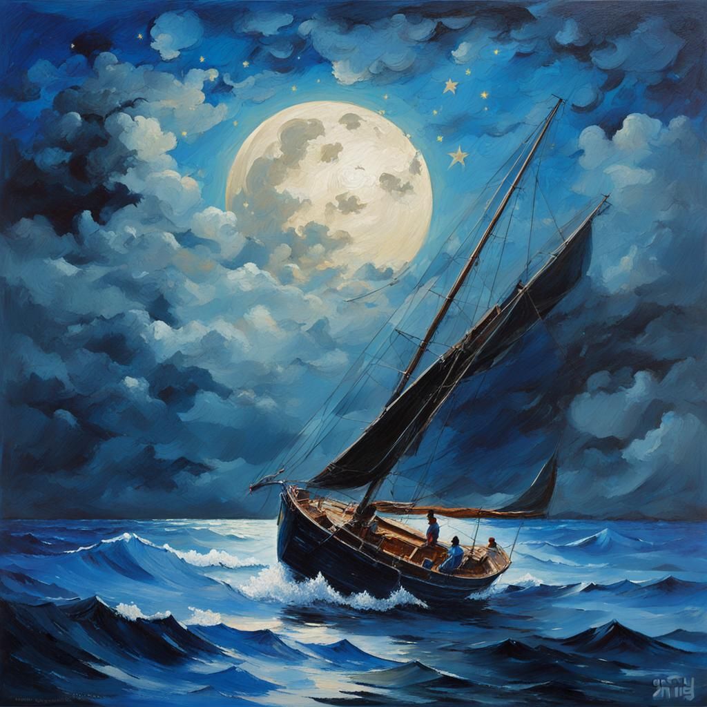Blue Sailboat at Night in Winslow Homer Style