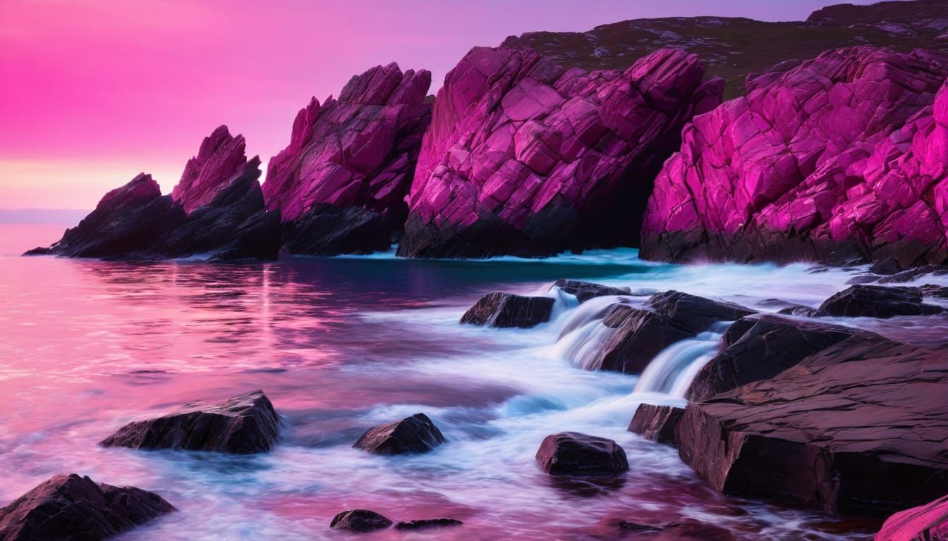 Pink Sunset Landscape Painting of Rocky Coastline