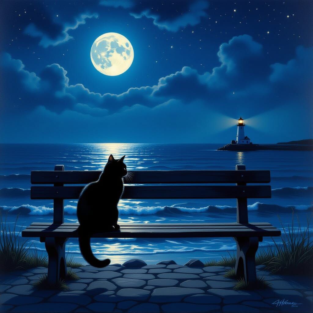 Hyperrealistic Night Scene: Cat on Bench by Moonlit Ocean