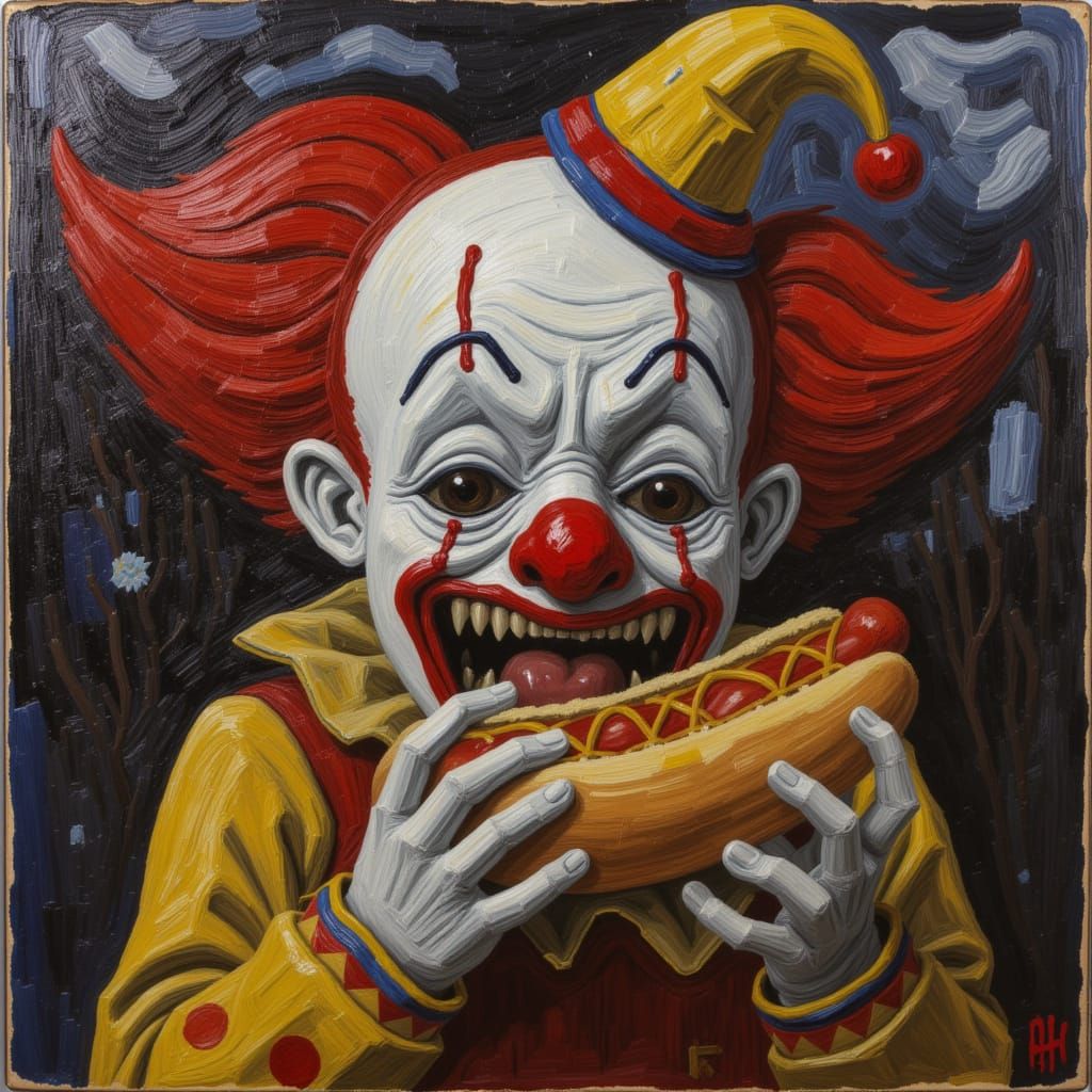 Sad Clown Eats Hotdog in Disturbed Paint Style