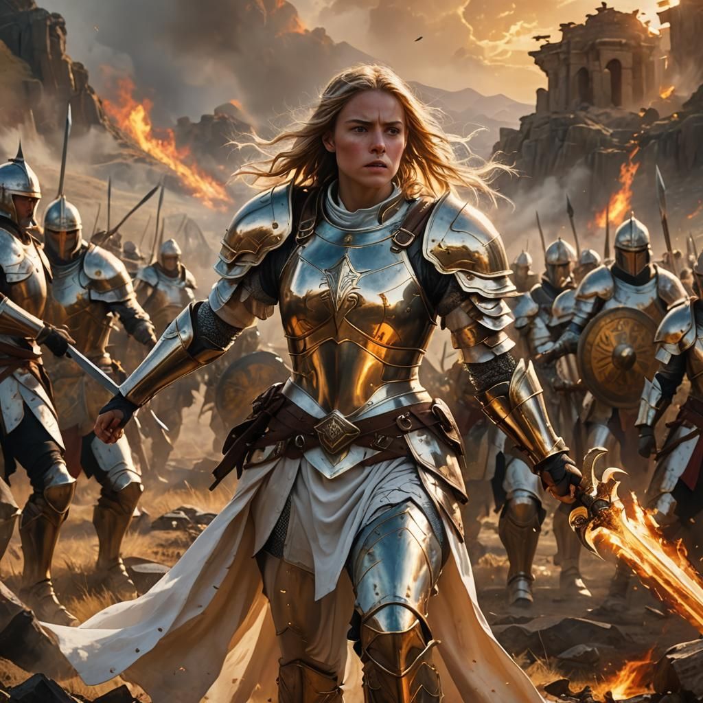 Paladin Battles Army in Ancient Landscape, Oil Painting