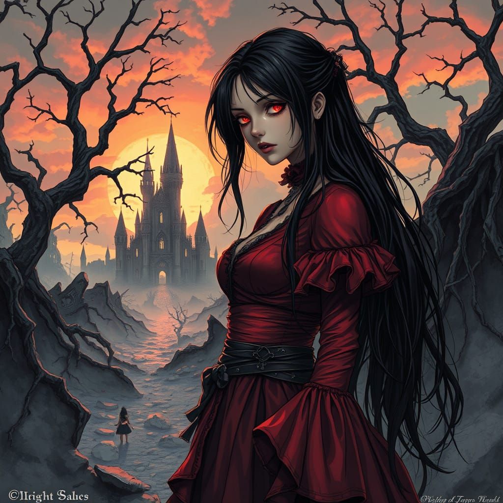 "Create a detailed, gothic fantasy artwork inspired by the graphic novel *Princess of Darkness* by Youichiroh Tanuma, pr...
