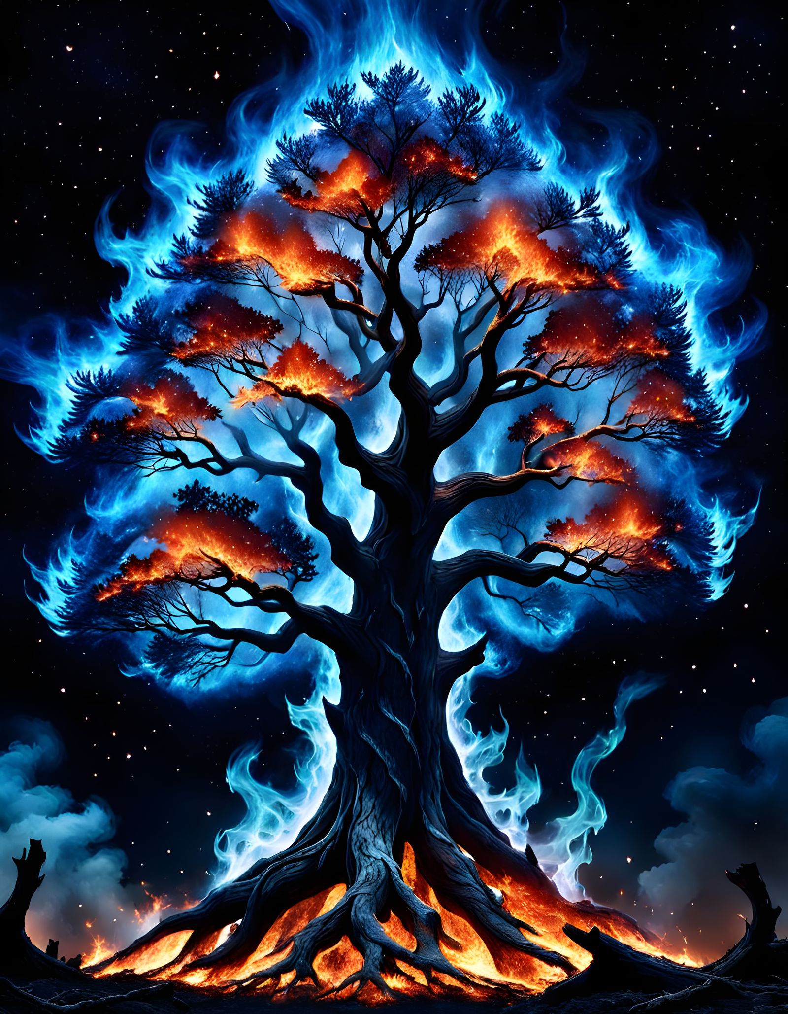Fiery Cosmic Tree with Flaming Leaves