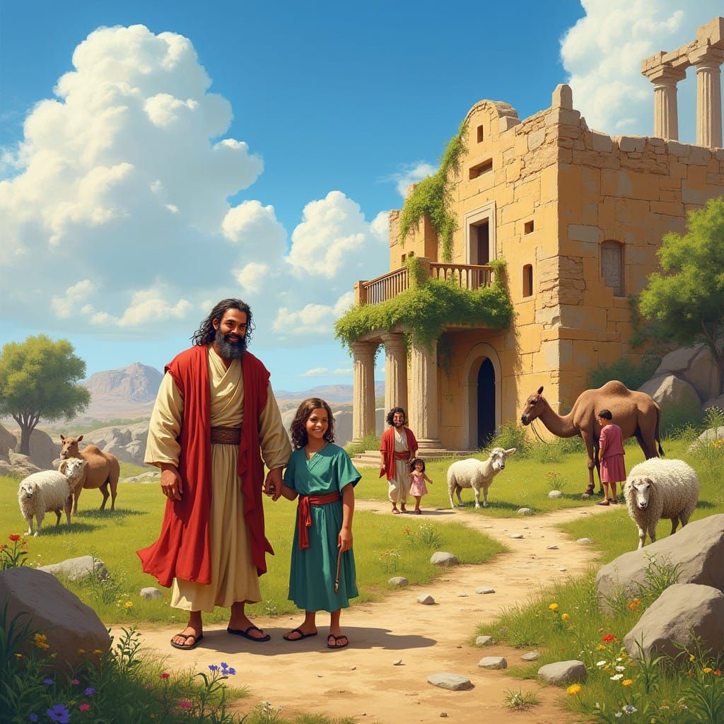 A Jovial Farmer Surrounded by Family and Friends in a Sunny...