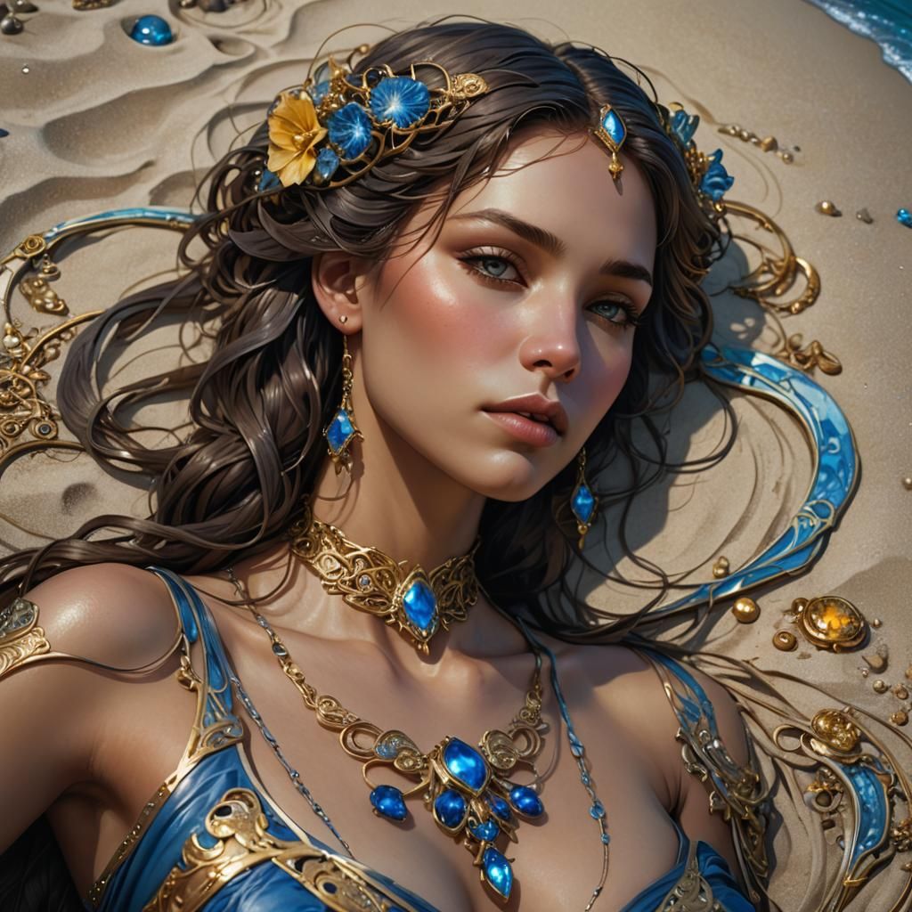 Fantasy Woman on Beach with Art Nouveau Elegance
